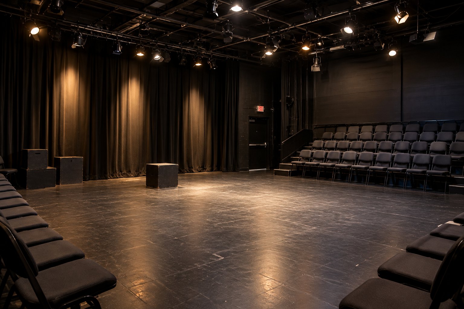 Empty black box theatre with audience seating, stage lighting and an open performance space